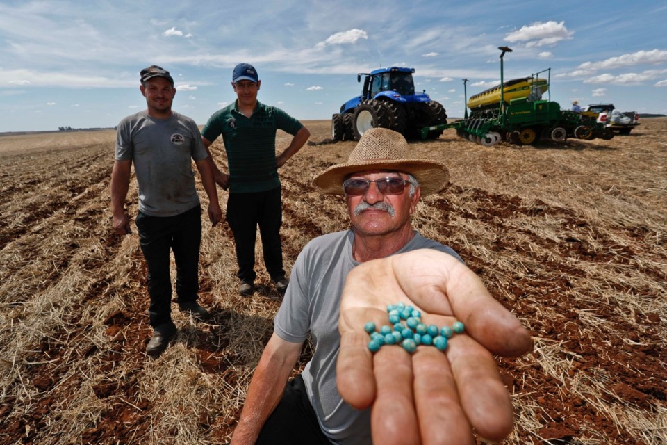 Em Santa Bárbara do Sul (RS), o produtor Dari Augusto Baiotto, com os filhos Fabiano e Adriano, correm para terminar de plantar 470 hectares de soja. | Jonathan Campos/Gazeta do Povo