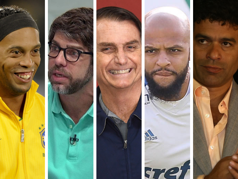Ronaldinho, Juninho, Bolsonaro, Felipe Melo e Raí. | Arquivo e reprodução