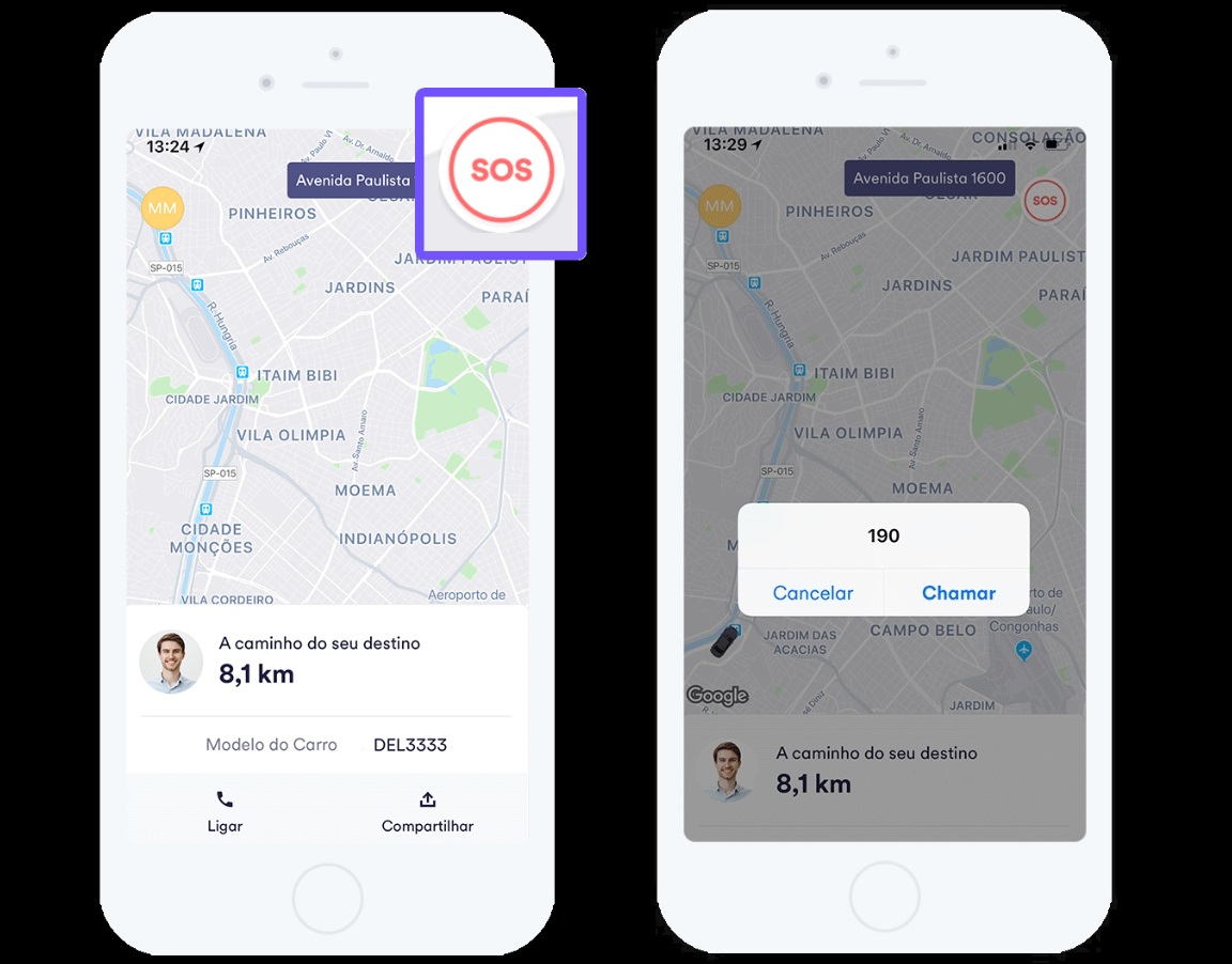 SOS: botão de segurança fica localizado no canto direito da tela do aplicativo. | Divulgação/Cabify