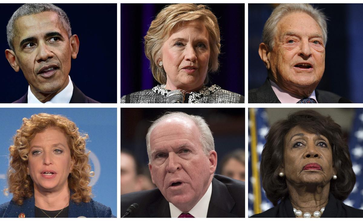 Da esquerda para a direita, no topo: ex-presidente dos EUA Barack Obama (esquerda), ex-secretário de Estado, Hillary Clinton, bilionário George Soros. Da esquerda para a direita, embaixo: deputada democrata Debbie Wasserman Schultz , o ex-diretor da CIA John Brennan e a representante democrata californiana Maxine Waters | MARTIN BUREAU/AFP