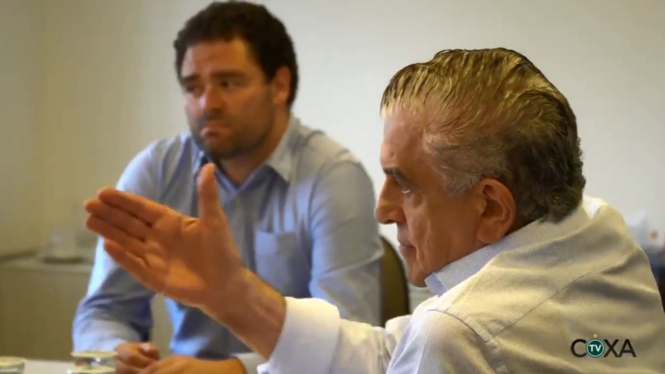 Samir Namur, presidente do Coritiba , e Mario Celso Petraglia, presidente do Deliberativo do Atlético. | Reprodução TV Coxa/