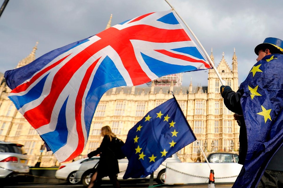 Manifestante anti-Brexit em frente ao Parlamento Britânico, março de 2018 | TOLGA AKMEN / AFP