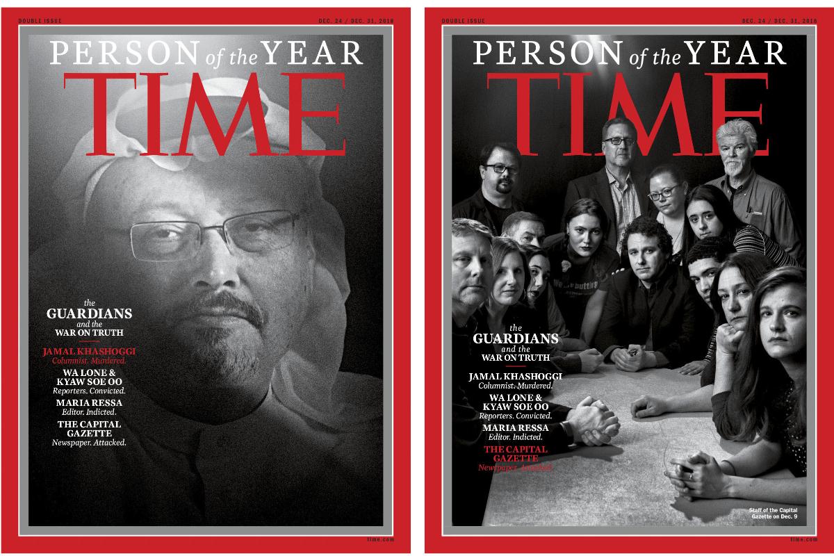 Duas das quatro capas da revista Time em homenagem aos escolhidos como “Pessoa do Ano” 2018: à esquerda o jornalista saudita assassinado Jamal Khashoggi, e à direita a equipe do jornal Capital Gazette | MOISES SAMAN/AFP