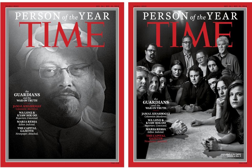 Duas das quatro capas da revista Time em homenagem aos escolhidos como “Pessoa do Ano” 2018: à esquerda o jornalista saudita assassinado Jamal Khashoggi, e à direita a equipe do jornal Capital Gazette | MOISES SAMAN/AFP