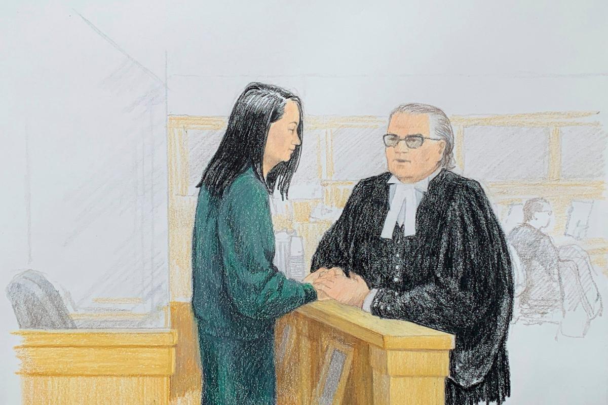 Neste desenho feito pelo artista Jane Wolsak, Meng Wanzhou, diretora financeira da Huawei, fala com o advogado David Martin no tribunal de Vancouver, British Columbia, em 10 de dezembro | JANE WOLSAK/AFP