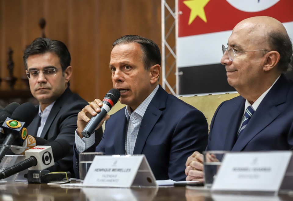 O governador de São Paulo, João Doria, e o secretário da Fazenda e Planejamento do estado, Henrique Meirelles, durante a posse. | Governo SP/Agência Pública