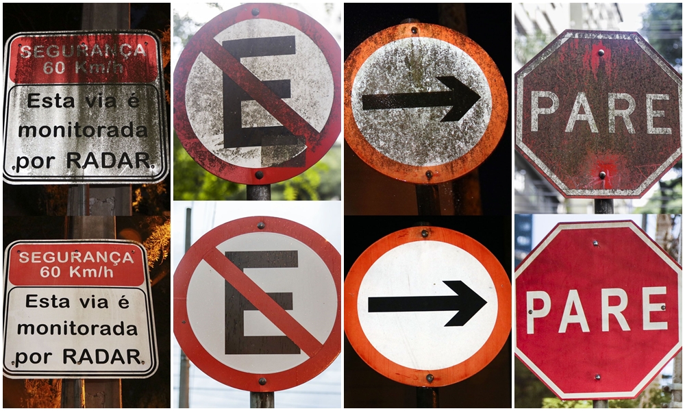 Placas de trânsito de Curitiba sujas e depois da limpeza. | Pedro Ribas / Prefeitura de Curitiba/