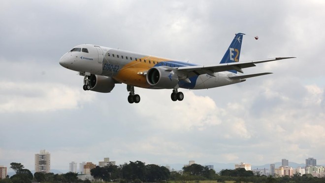 190-E2, aeronave da família de jatos regionais da Embraer E2, que pode ser rebatizada pela Boeing. | Sergio Fujiki/Embraer