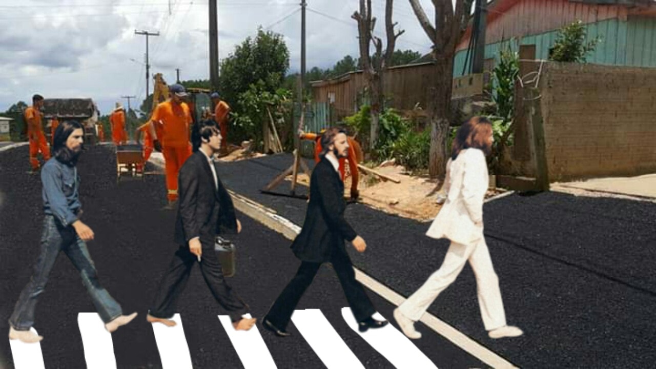 Beatles caminham no asfalto fake da foto publicada no Facebook da prefeitura de Mandirituba. | Facebook/