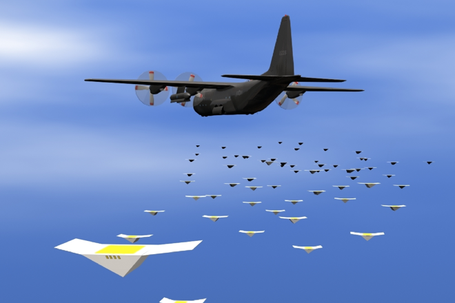 Desenho de como seria o lançamento de microdrones CICADA, um projeto do Departamento de Defesa dos EUA | Reprodução/U.S. Naval Research Laboratory