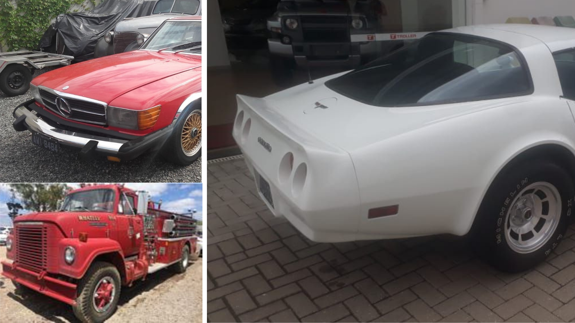 Mercedes, caminhão de bombeiros e Corvette que serão leiloados nesta quarta. | Divulgação/Leiloeiro Helcio Kronberg