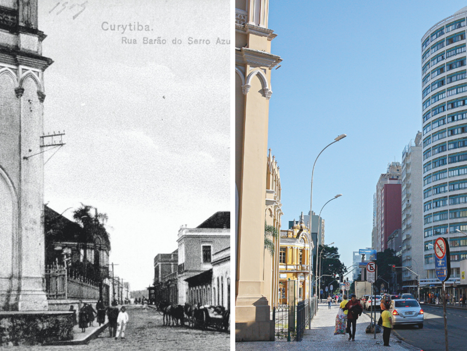 Bonde elétrico e carros de tração animal: como era Curitiba há 100 anos A Rua Barão do Serro Azul no fim da década de 1910 e em 2019. | Acervo Casa da Memória e Cassiano Rosario /Gazeta do Povo
