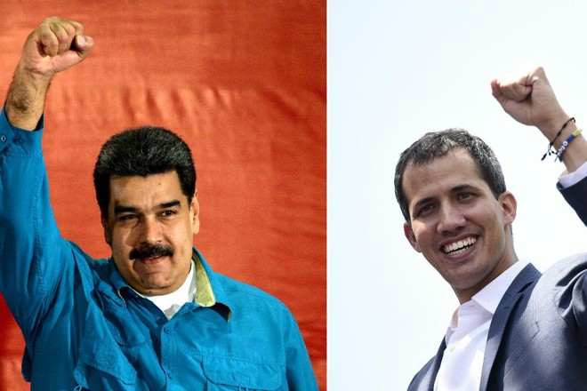 O ditador venezuelano Nicolás Maduro (à esquerda) e o presidente interino da Venezuela, Juan Guaidó | FEDERICO PARRA / AFP
