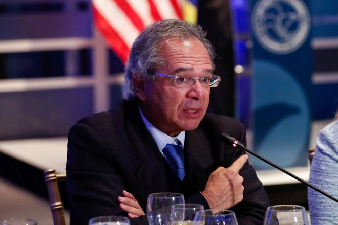 O ministro da Economia, Paulo Guedes, durante o Brazilian Day, evento a empresários e investidores na visita do governo a Washington. | Alan Santos/PR