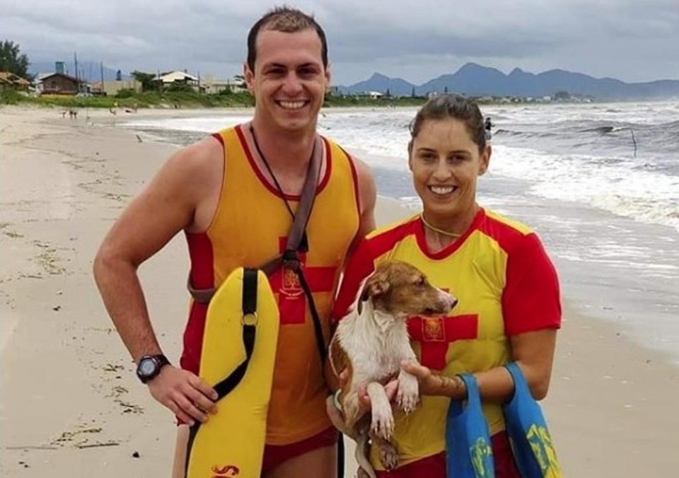 Sargento Caio Oliveira e soldado Caroline Alves que salvaram o cachorrinho que estava se afogando. | Instagram Corpo de Bombeiros do Paraná/
