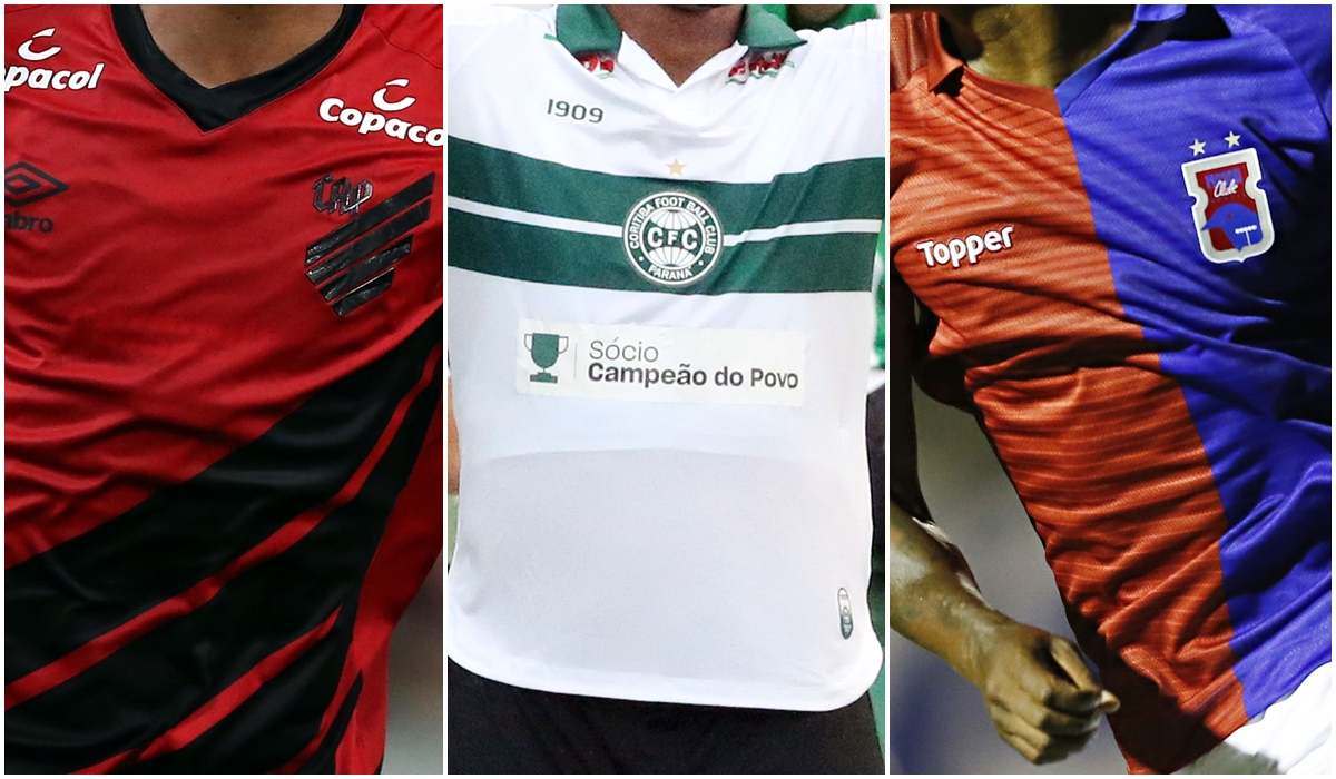 Sem patrocínio master, Coritiba tem divulgado o plano de sócios no local. Athletico e Paraná têm optado pela camisa sem anúncio no local. | Montagem com arquivo Gazeta do Povo/
