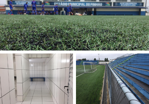Gramado sintético, vestiário e arquibancada próxima do campo. | /Felipe Rosa