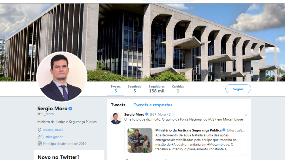 A página oficial do ministro Sergio Moro no Twitter. Foto: Reprodução