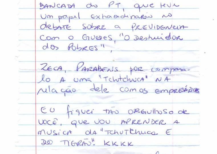 Carta de Lula parabenizando o deputado petista Zeca Dirceu pelo bate-boca com o ministro Paulo Guedes, na CCJ da Câmara. Foto: Reprodução