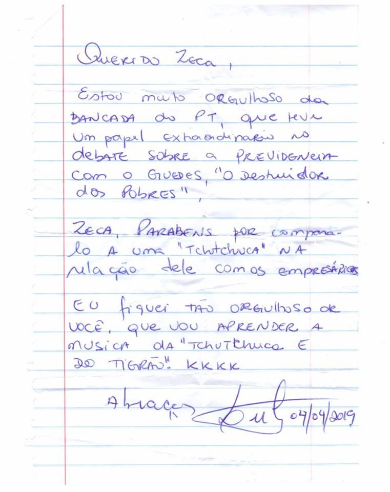 Carta de Lula parabenizando o deputado petista Zeca Dirceu pelo bate-boca com o ministro Paulo Guedes, na CCJ da Câmara. Foto: Reprodução