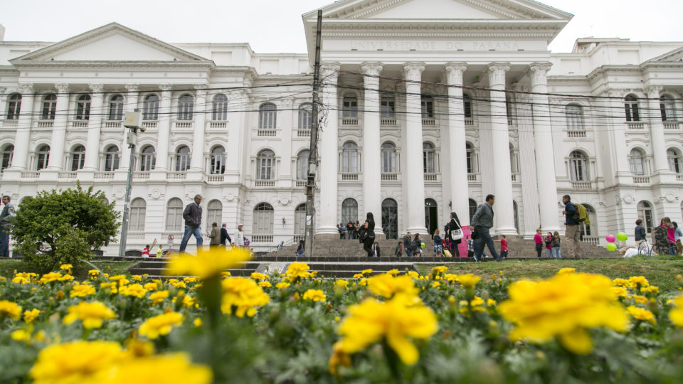 Prédio histórico da UFPR com flores amarela à frente
