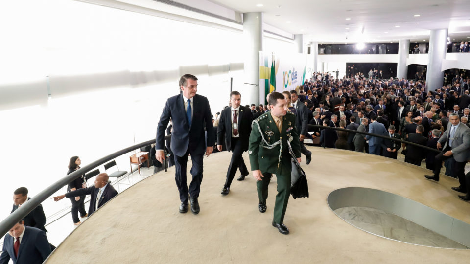 O presidente Jair Bolsonaro no Palácio do Planalto em cerimônia alusiva aos 100 primeiros dias de governo
