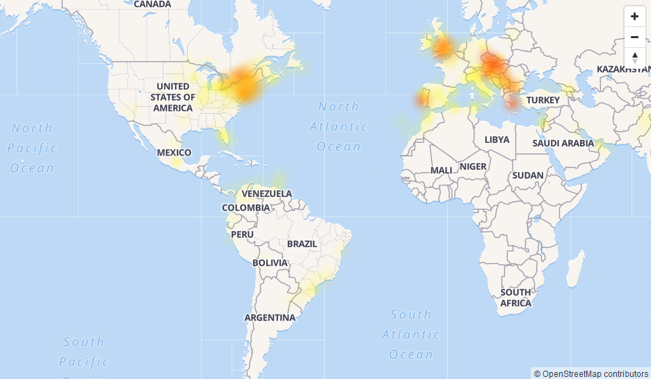 O mapa acima apresenta onde os relatados de instabilidade estavam sendo reportados às 10 horas deste domingo (14), pelo site Downdetector.com.<br /> O mapa acima apresenta onde os relatados de instabilidade estavam sendo reportados às 10 horas deste domingo (14), pelo site Downdetector.com.<br />