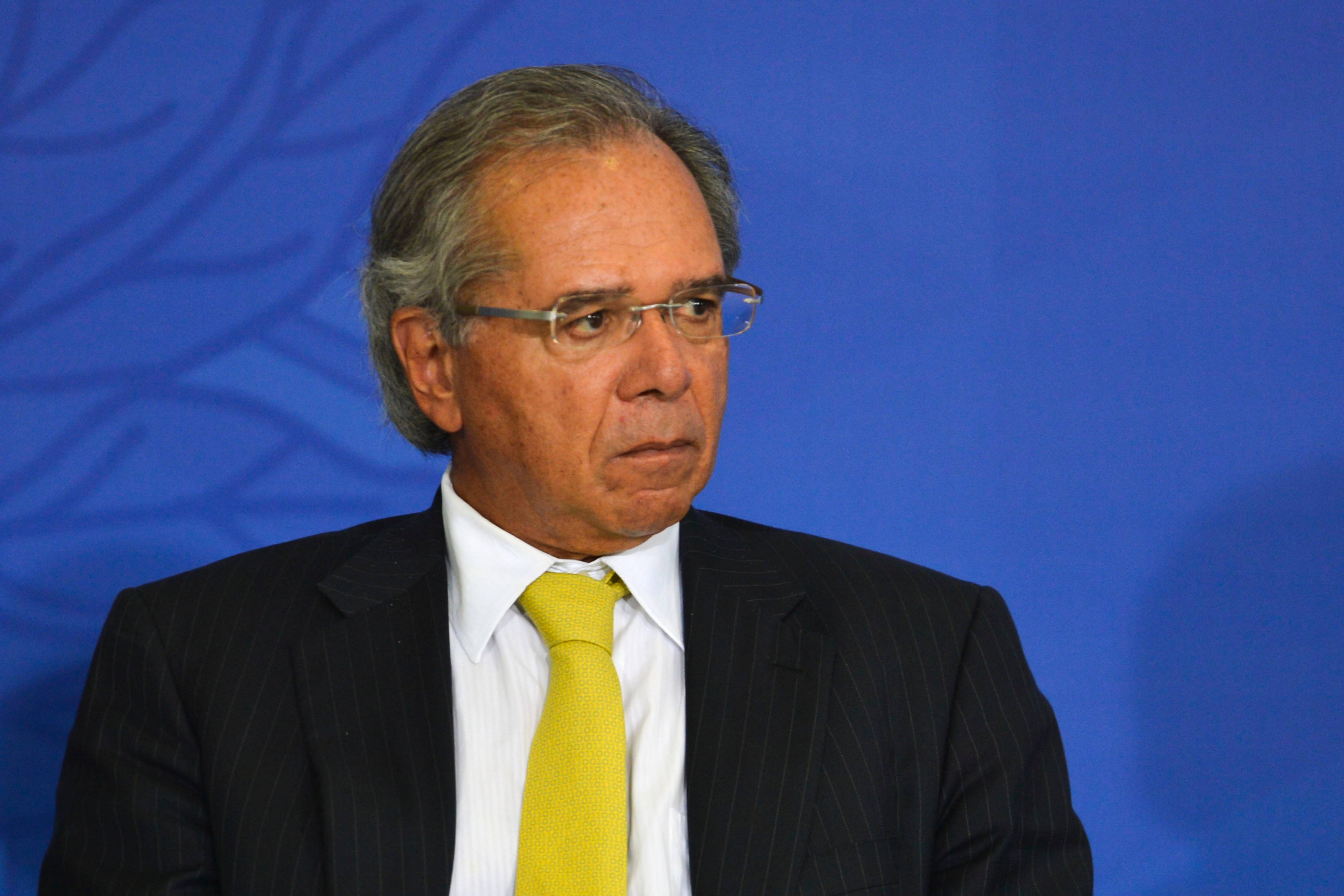 Paulo Guedes durante evento em que o presidente Jair Bolsonaro sancionou a Lei Complementar 420, que cria a Empresa Simples de Crédito (ESC), em cerimônia no Palácio do Planalto.