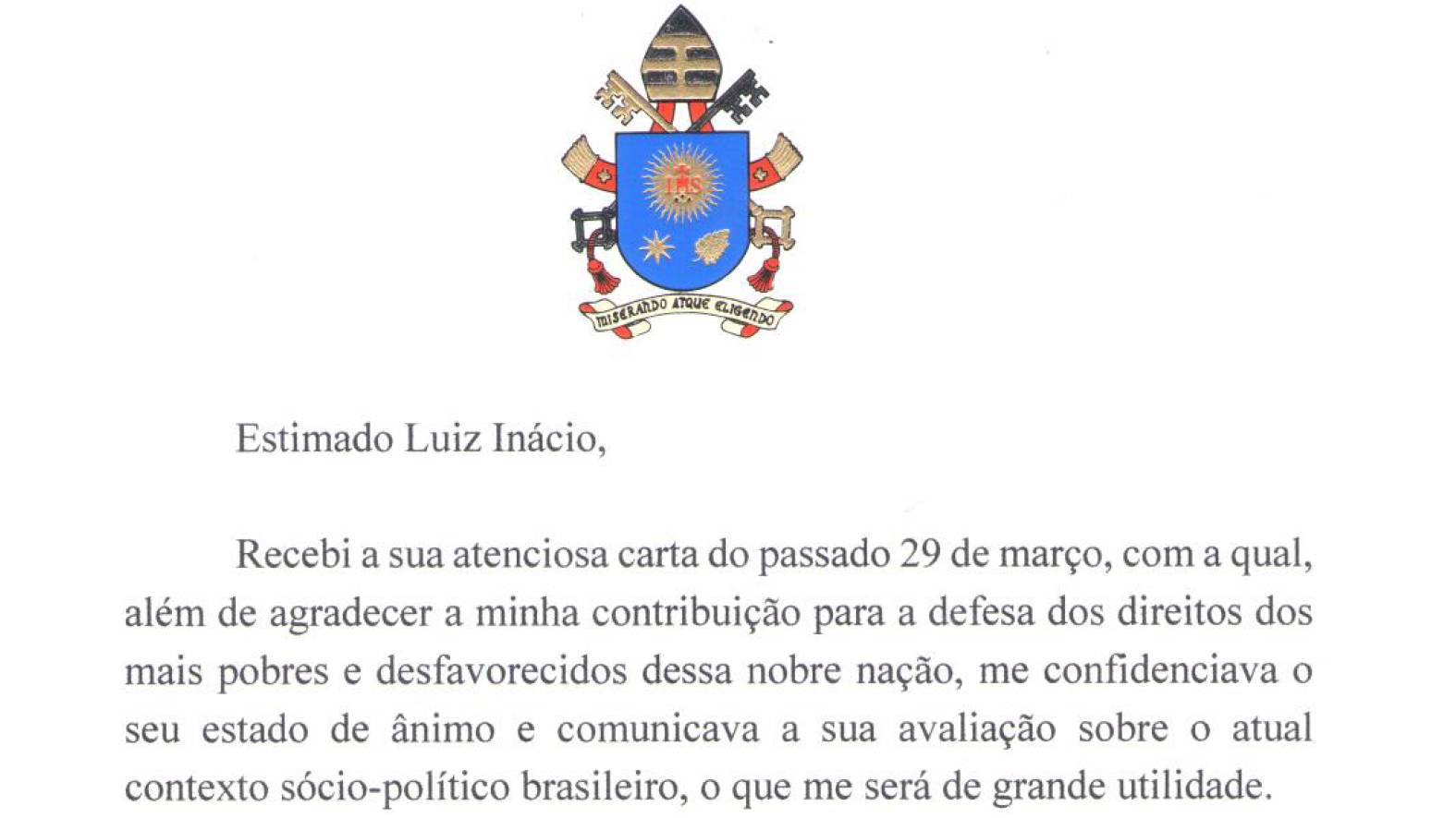 Trecho da carta que o papa Francisco enviou ao ex-presidente Lula em 3 de maio de 2019.