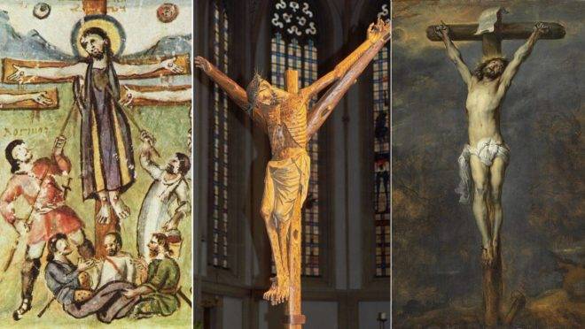 A crucifixão no Evangeliário de Rabbula, de 586, tem um Jesus vestido; o Crucifixo Bocholt, do início do século 14, tem feridas semelhantes às da peste; na “Crucifixão” de Van Dyck (1622) os cravos estão mais próximos dos pulsos: estilos refletem conhecimento da época. (Imagens: Reprodução / Watzmann/Wikimedia Commons / Reprodução)