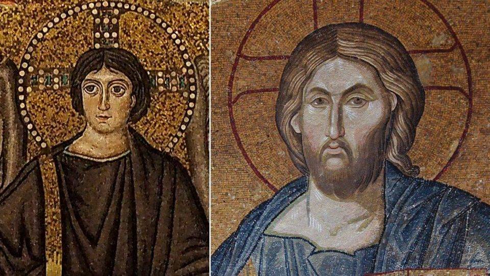O Jesus jovem e imberbe do mosaico da igreja de São Vital, em Ravenna (primeira metade do século 6.º) e o Cristo Pantocrator da Igreja do Santo Salvador em Chora, Istambul (início do século 14): mudança de paradigma causada pelo Sudário. (Imagens: Reprodução)