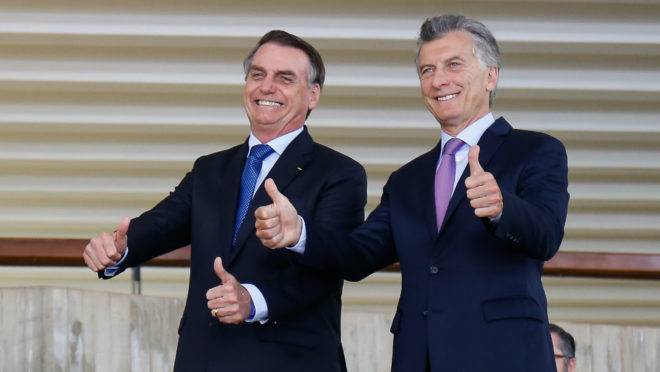 Jair Bolsonaro e Mauricio Macri durante encontro em Brasília, em janeiro de 2019