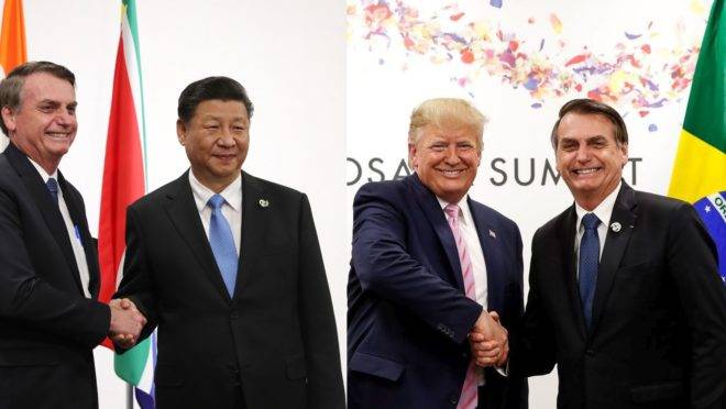 Montagem a partir de fotos do presidente Bolsonaro com os chefes da China, Xi Jinping, e dos EUA, Donald Trump.
