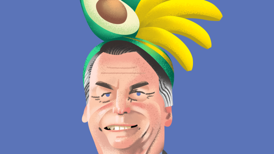 Ilustração exibe Jair Bolsonaro com abacates e bananas na cabeça, em alusão às preocupações do presidente na área do comércio exterior.