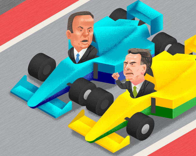 Ilustração exibe João Doria e Jair Bolsonaro disputando corrida de Fórmula 1, em alusão à disputa deles pelo local do Grande Prêmio Brasil de 2021 em diante (São Paulo ou Rio de Janeiro)