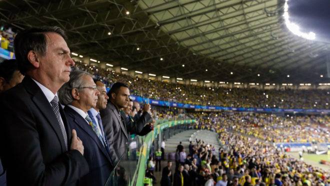 Presidente da República, Jair Bolsonaro durante partida de futebol Brasil e Argentina