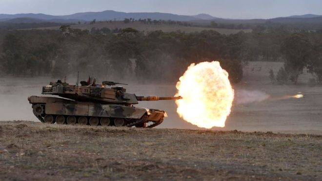 Um tanque Abrams M1A1 do exército australiano durante treinamento, 9 de maio de 2019