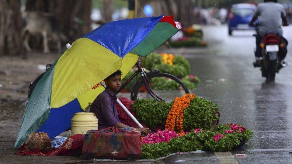 Menino indiano vende flores na chuva