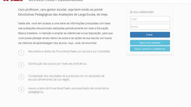 É preciso ter login e senha para entrar no Devolutivas Pedagógicas. Em caso de primeiro acesso, clique em “quero me cadastrar” | Reprodução/Inep