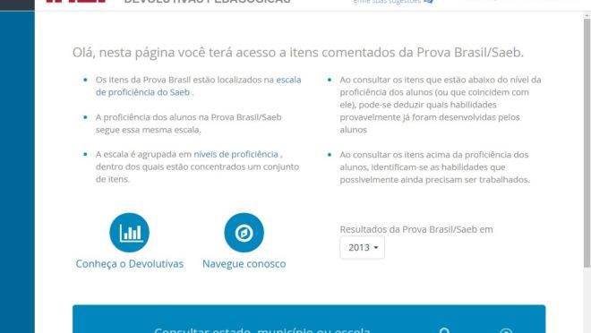 Página inicial. Clique em “Navegue conosco” que o site vai te indicar o passo a passo. Em “Conheça o Devolutivas” acesse os vídeos de orientação. Também é possível selecionar o ano da Prova (lado direito) e digitar estado, município ou escola. | Reprodução/Inep