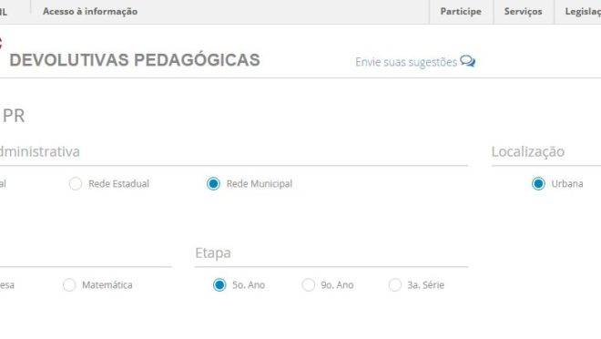 Ao selecionar cidade ou estado, o portal dá a opção de escolher a rede (municipal, estadual ou federal), a série (5.º ou 9.º ano), a localização (urbana e rural) e a disciplina (Língua Portuguesa e Matemática) | Reprodução/Inep