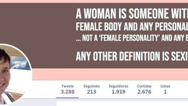 Professora acusada de transfobia tem, em seu perfil no Twitter, imagem que nega que uma ‘personalidade feminina’ possa estar em um corpo qualquer