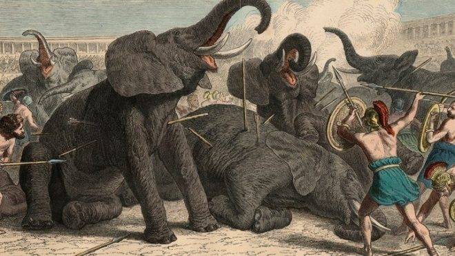 Roma Antiga: Elefantes mortos no anfiteatro - Gravura colorida de Heinrich Leutemann
