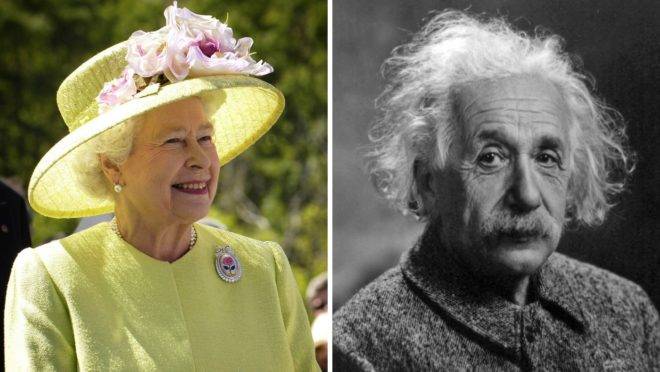 A rainha da Inglaterra, Elizabeth II, e o astrofísico Albert Einstein.