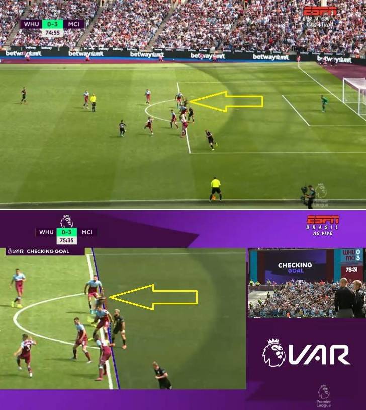 Na imagem da transmissão de TV, Sterling parece impedido, mas na do software não - Reprodução TV Na imagem da transmissão de TV, Sterling parece impedido, mas na do software não - Reprodução TV