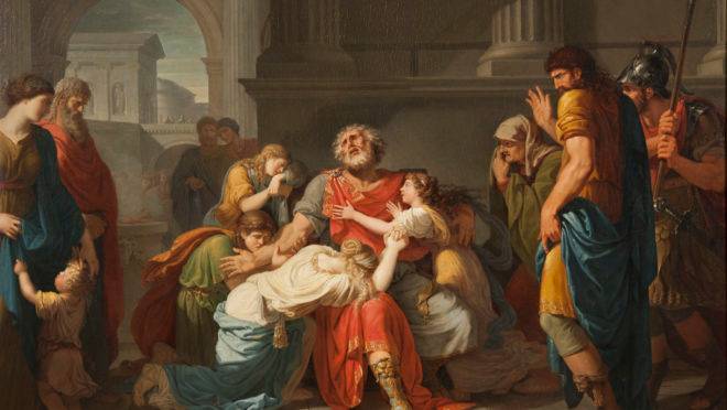 Édipo cega seus próprios olhos e encomenda seus filhos aos deuses, por Bénigne Gagneraux.
