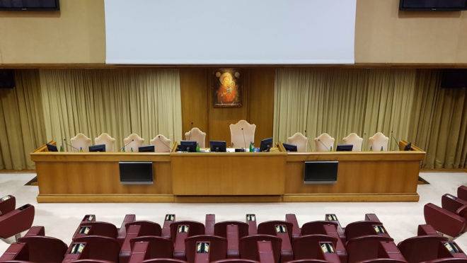 A Sala do Sínodo, no Vaticano, onde acontecem as assembleias sinodais.