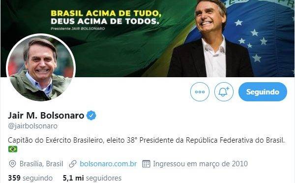 Perfil de Jair Bolsonaro no Twitter conta com mais de 5 milhões de seguidores.