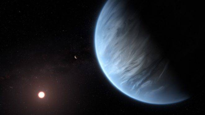 Versão artística divulgada em 11 de setembro de 2019 pela Agência Espacial Europeia e o Hubble do K2-18b, o único planeta conhecido que tem água e temperaturas adequadas para a vida humana