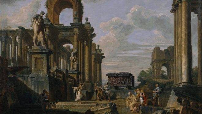 “Capriccio” do Fórum Romano em ruínas, por Giovanni Paolo Panini.